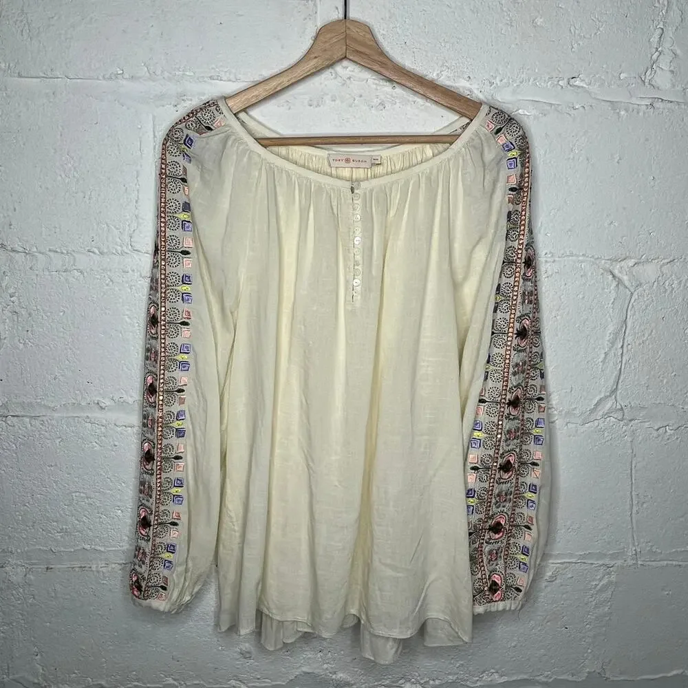 Tory‎ Burch Luna Gauzy Cream Embroidered Peasant Blouse Scoop Neck Size Medium